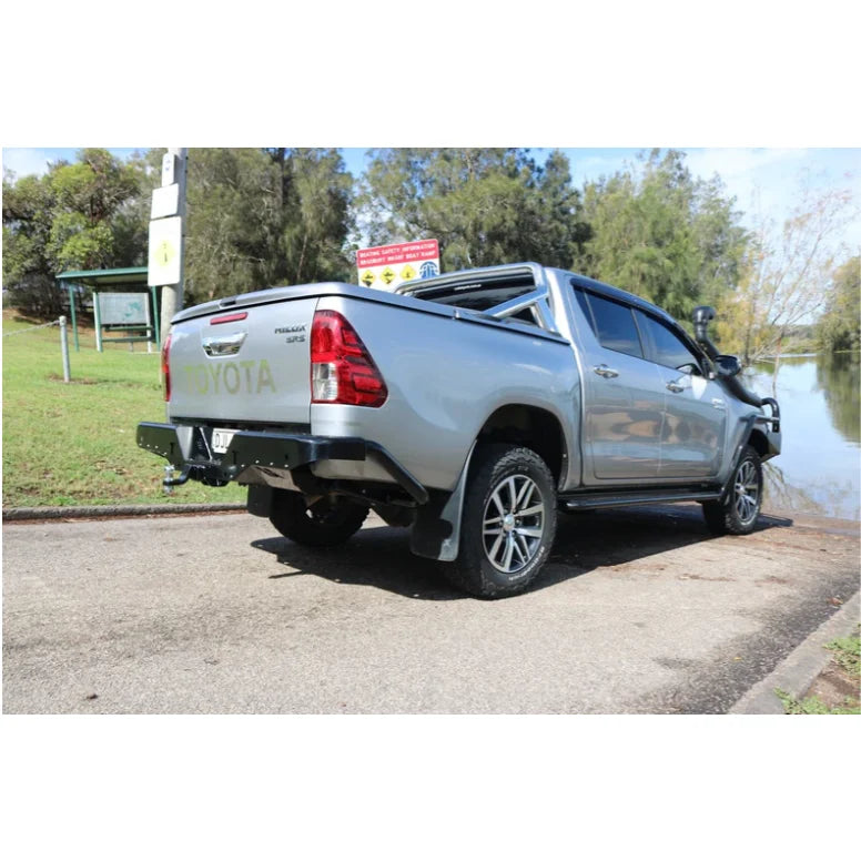Silver Toyota Hilux N80 rear view fitted with Rockamor Elite Steel rear step towbar for added durability and towing capability