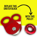 Red rockarmor 18t soft shackle synthetic rope pulley featuring a durable snatch block and pulley design