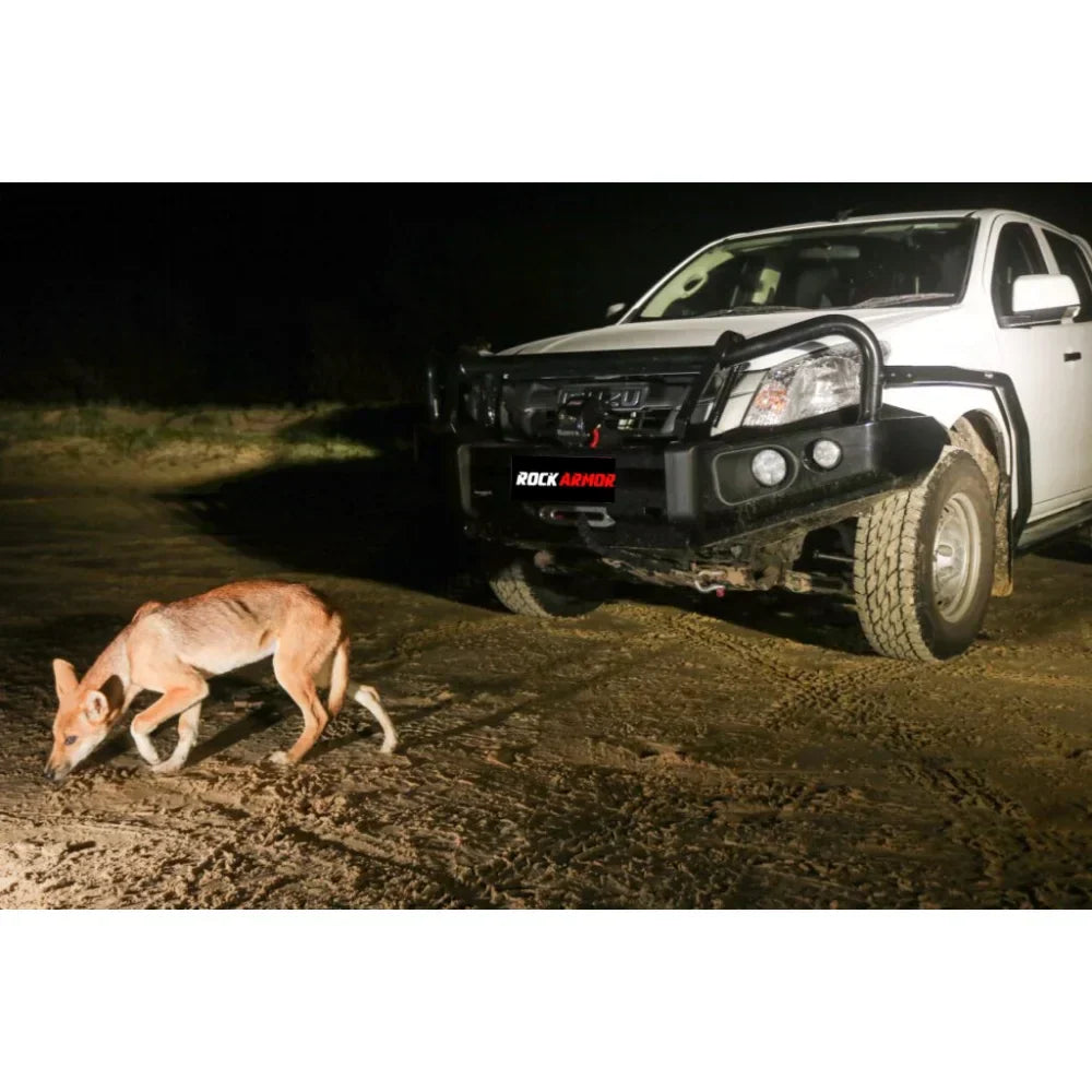 White isuzu dmax truck featuring a black rockarmor brushbar bull bar for protection and off-road use