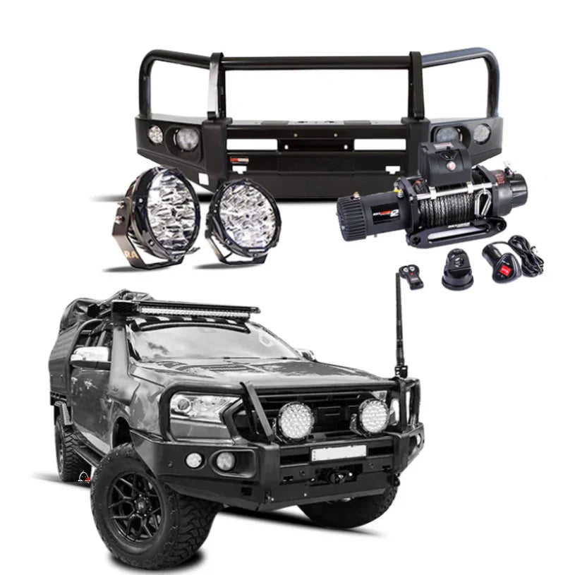 Rockarmor elite bullbar frontal combo in black steel with synthetic winch rope for ford ranger 2005-2020 px1 and 2