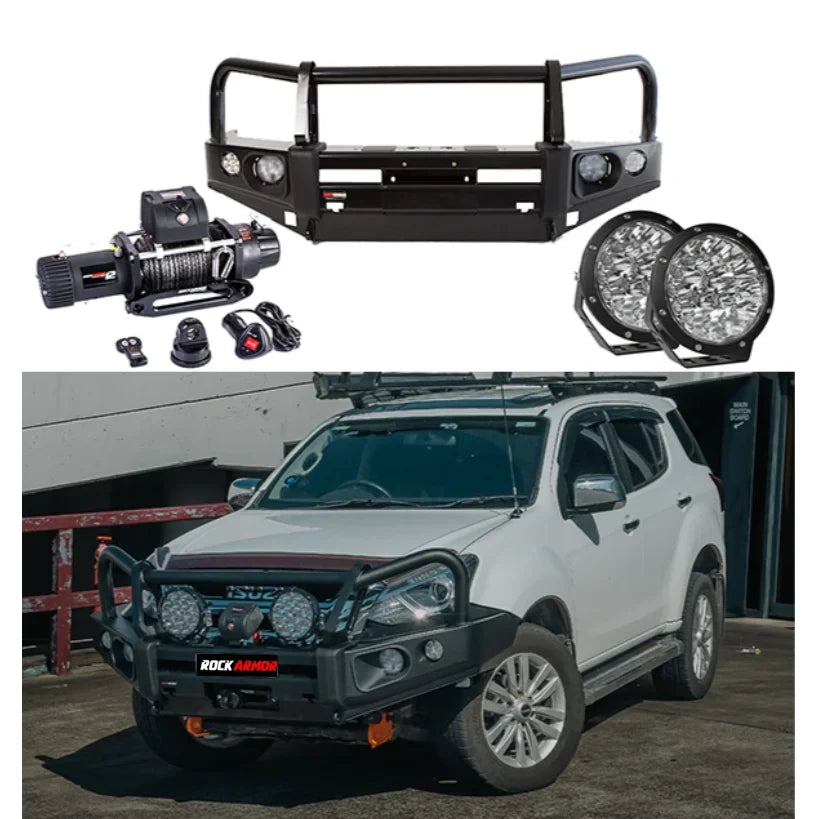 Rockarmor elite bullbar frontal combo in black steel with synthetic winch rope and control box for isuzu dmax 2012-2020