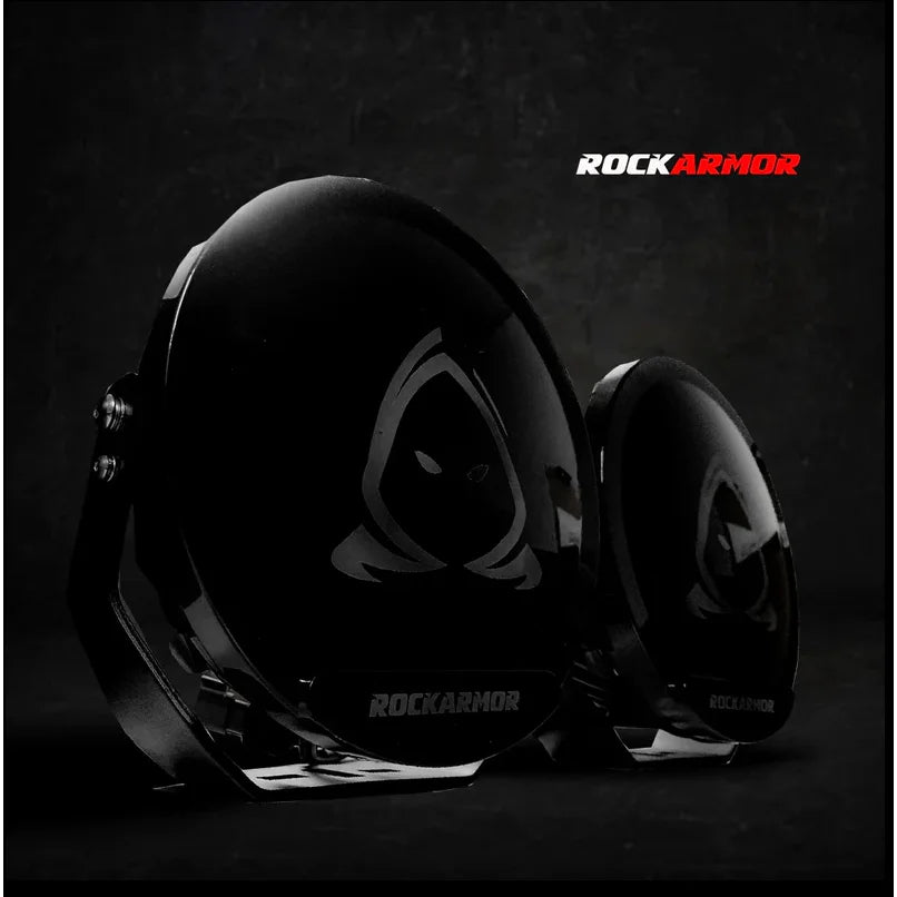 Glossy black off-road lights featured in the rockarmor elite bullbar frontal combo for isuzu dmax 2012-2020