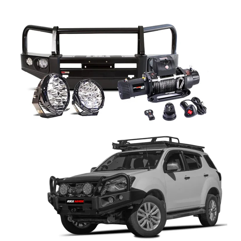 Rockarmor elite bullbar frontal combo in black steel with synthetic winch rope and driving lights for isuzu mu-x 05/2012 - 07/2021