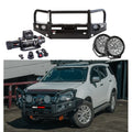 Front view of beige Rockarmor Elite Bullbar frontal combo with synthetic winch rope and driving lights for Isuzu Mu-X