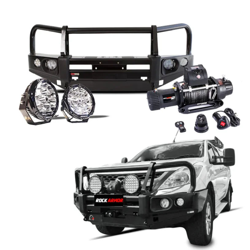 Rockarmor elite bullbar frontal combo in black steel with synthetic winch rope to suit Mazda BT-50 2012-2019