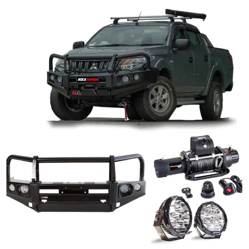 Rockarmor elite bullbar frontal combo in black steel with synthetic winch rope for mitsubishi triton mq off-road use