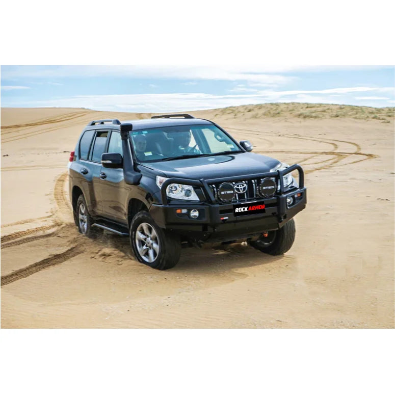 Black toyota prado 150 with rockarmor elite bullbar frontal combo featuring synthetic winch rope for off-road protection