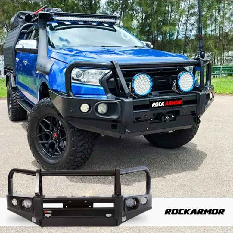Blue ford ranger px1-2 with rockarmor elite steel bull bar featuring a black bumper cut hoop design
