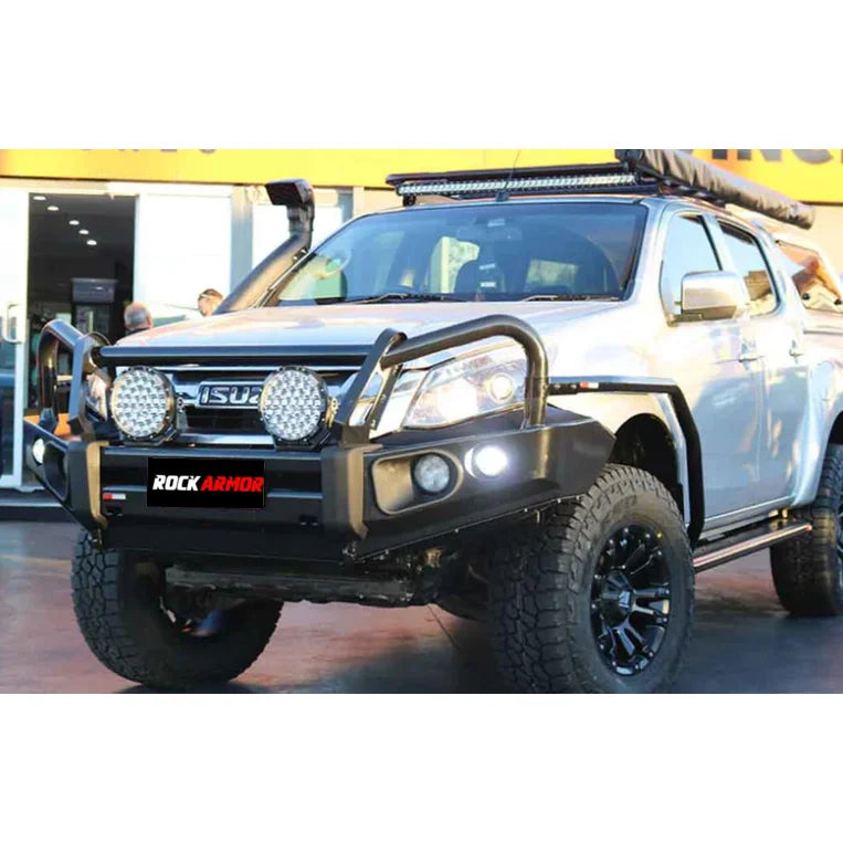 Silver isuzu dmax suit pickup truck fitted with rockarmor elite steel bullbar featuring bar replacement eyebrows