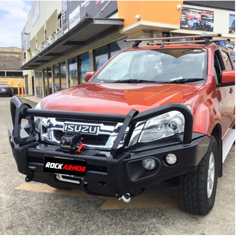 Orange Isuzu Dmax pickup truck fitted with rockarmor elite steel black bullbar with bar replacement eyebrows