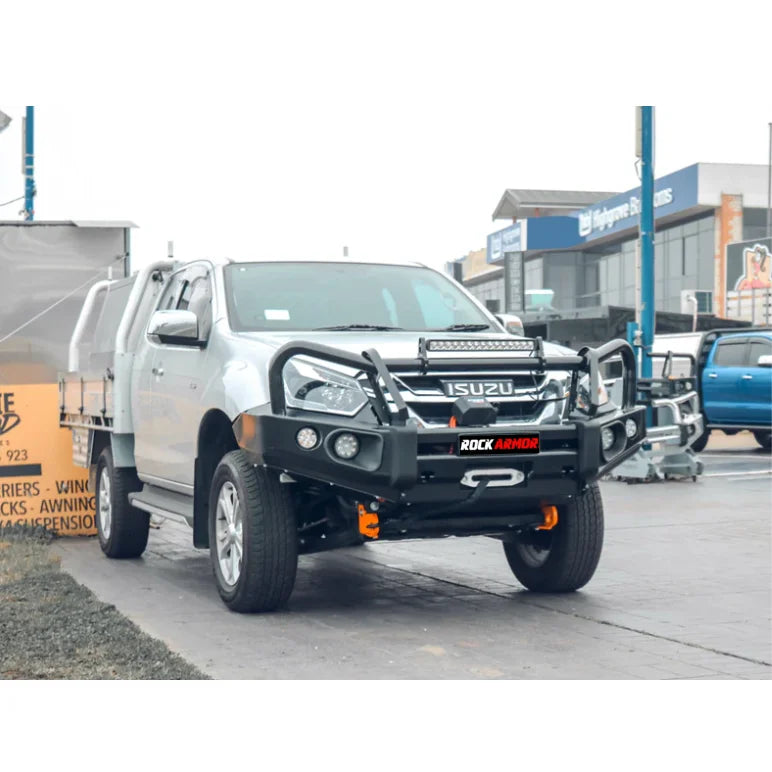 Silver pickup truck featuring rockarmor elite steel black bullbar with bar replacement eyebrows for isuzu dmax suit