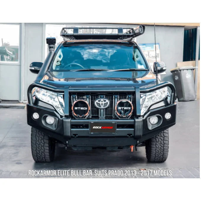 Black toyota prado fj150 fitted with rockarmor elite steel bull bar replacement for full front protection