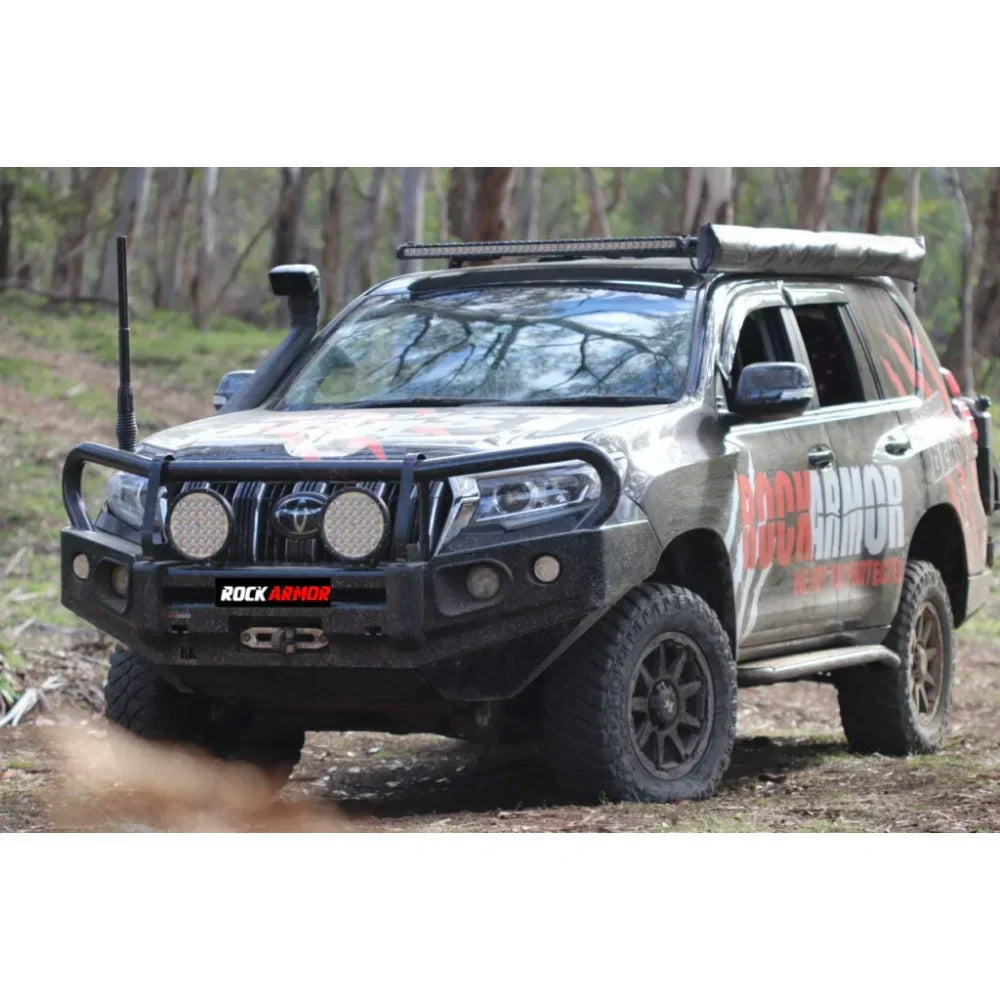 Off-road Toyota Prado FJ150 with black Rockarmor Elite steel bull bar replacement full bar for enhanced protection