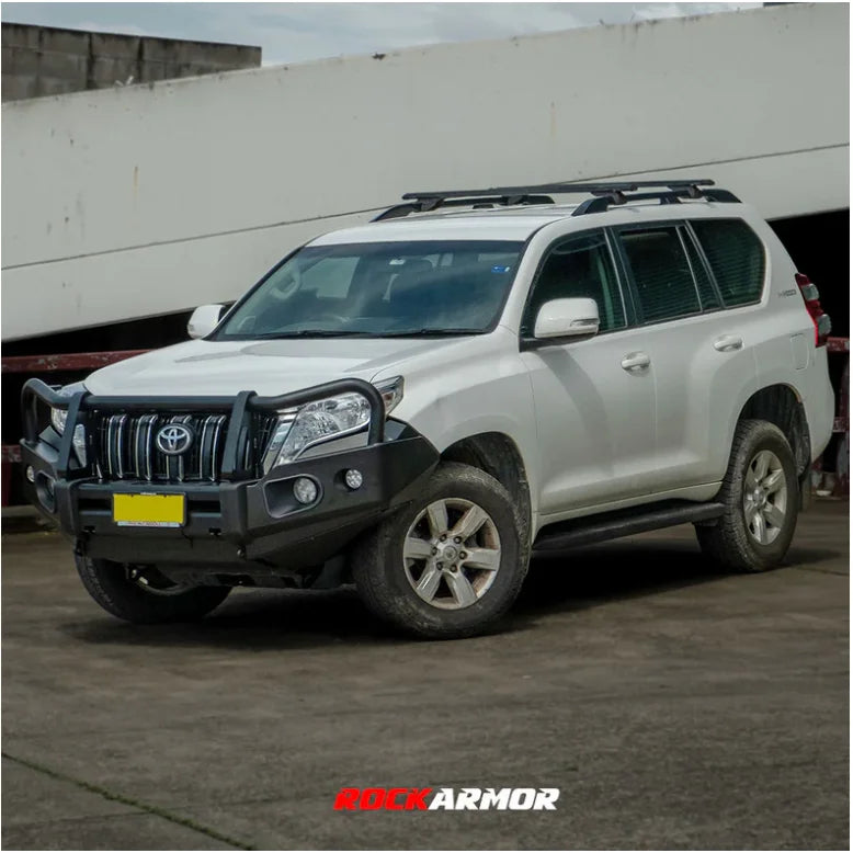 White toyota prado fj150 suv with black rockarmor elite steel bull bar replacement and roof rack full bar replacement