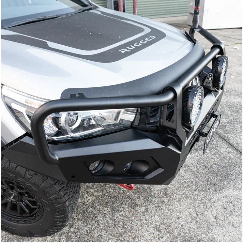 Silver toyota hilux n80 fitted with rockarmor gt hoop steel bullbar featuring black bumper and rated recovery points
