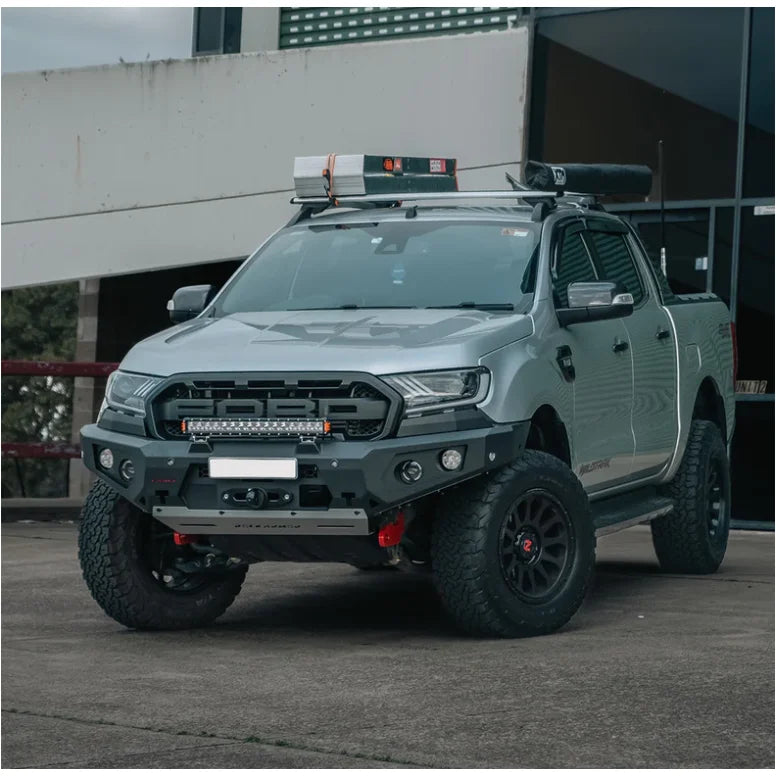 Silver ford ranger pickup truck equipped with rockarmor gt steel hoopless bullbar for ford everest protection