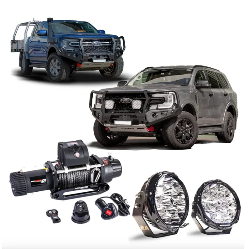 Rockarmor gt steel hoop bullbar combo pack in black steel for ford everest next gen 2022 with synthetic winch rope