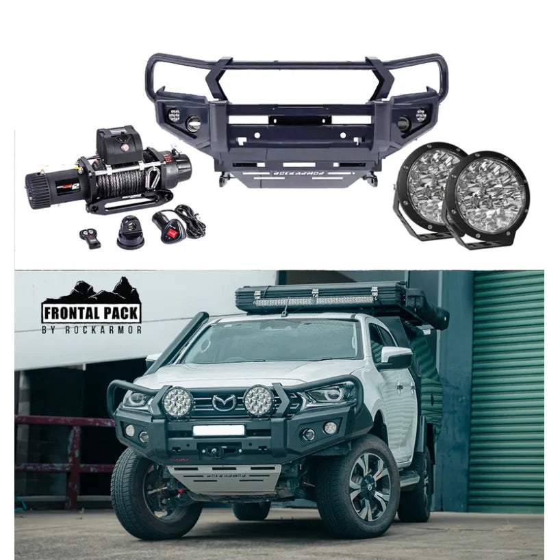 Off-road vehicle frontal pack featuring rockarmor gt steel hoop bullbar combo for Mazda Bt50 2020 plus in steel