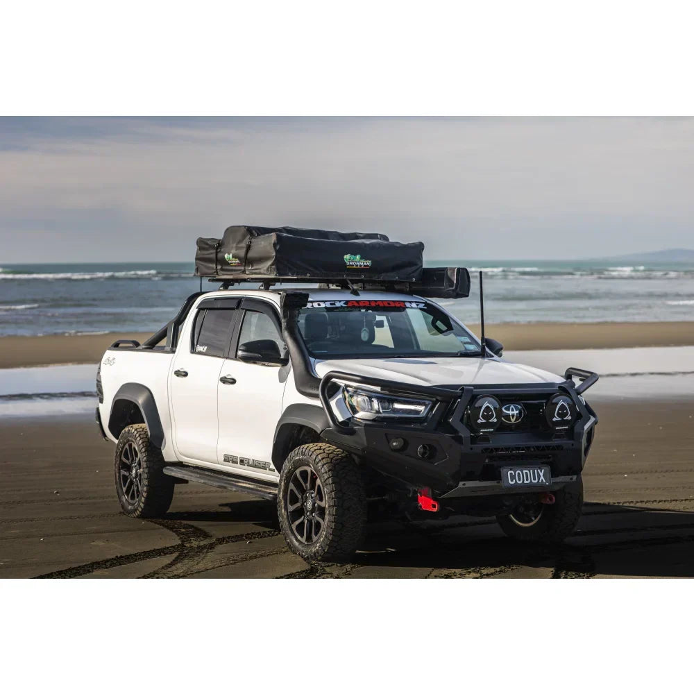 White toyota hilux with black rockarmor gt steel hoop bullbar combo pack and synthetic winch rope off-road setup