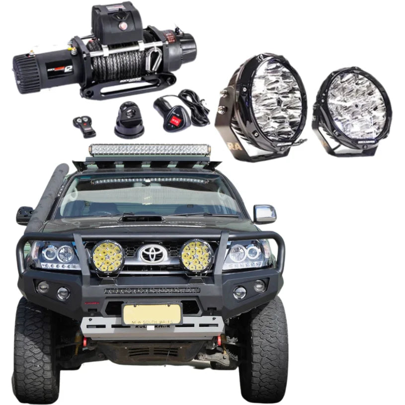 Off-road rockarmor gt steel hoop bullbar combo pack in black for toyota hilux n70 2005-2011 shown from back side