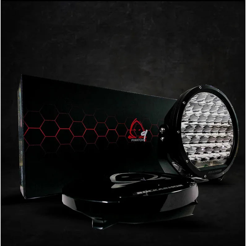 Rockarmor phantom 9inch round led driving light with durable black housing and packaging for off-road use