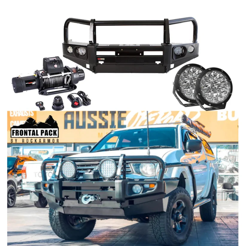 Rockarmor premium bullbar frontal combo in black steel for mitsubishi triton challenger 2009-2015 with synthetic winch rope