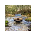 Brown toyota landcruiser fj105 fitted with rockarmor premium steel bullbar featuring led fog lights full bar replacement