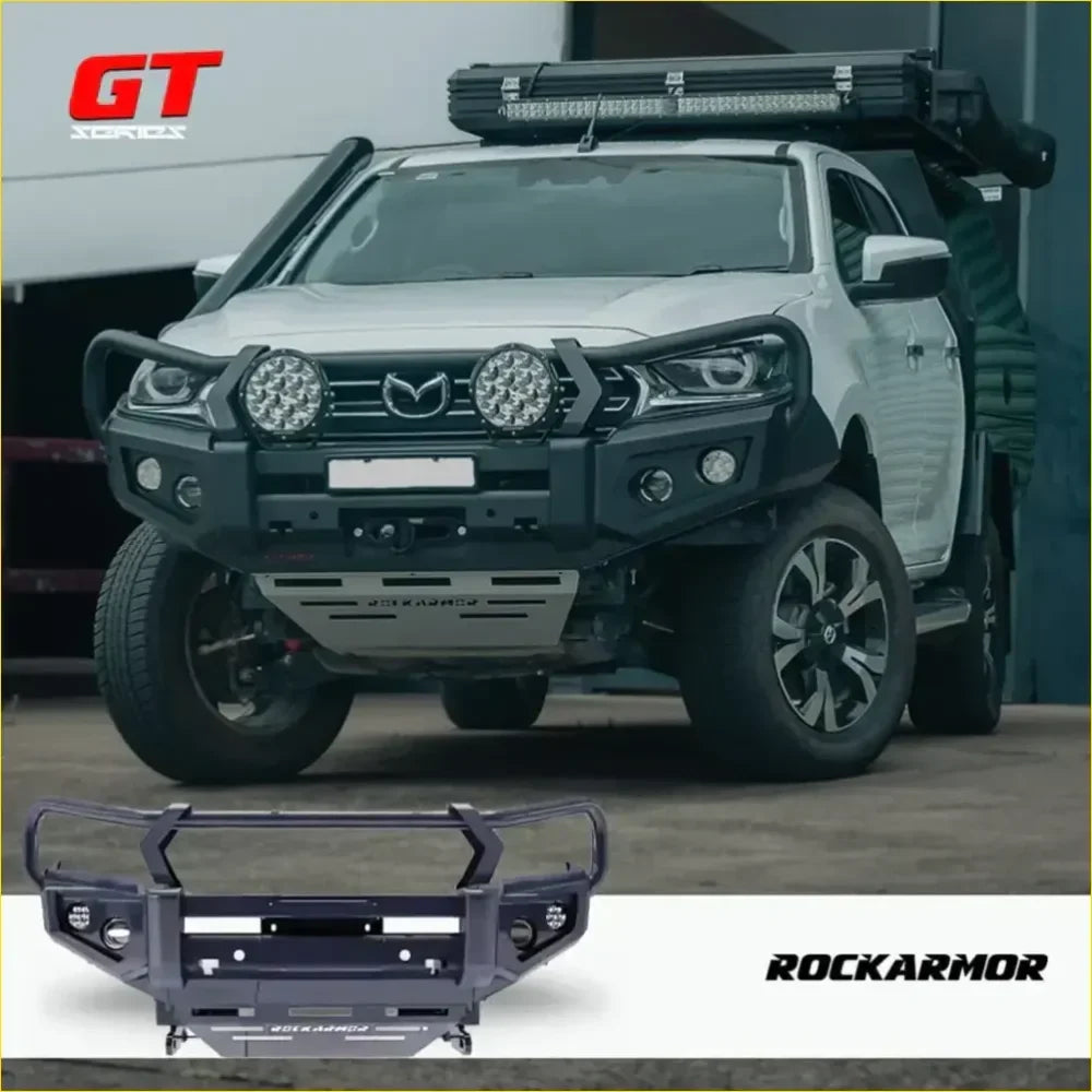 Black rockarmor front bumper with integrated round led lights rugged angular design for mazda bt50 2020+