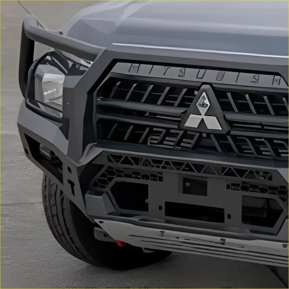 Black metal front bumper with integrated grille and mitsubishi logo for rockarmor rock pack triton 2024+
