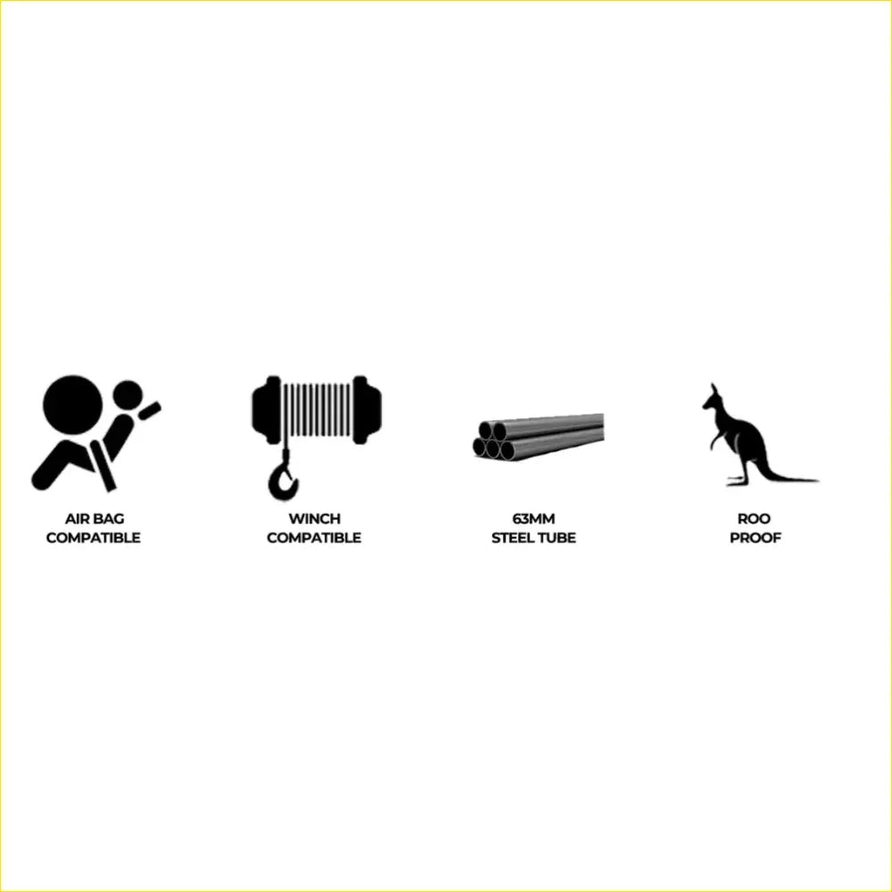 Black silhouette icons showing airbag and winch compatibility 63mm steel tube and roo proof features for rockarmor rock pack bullbar and rock sliders for toyota hilux n70 2005 to 2011