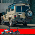 Rear view of rockarmor steel dual wheel carrier in black on toyota landcruiser fj75 1992-2006 troopy wagon