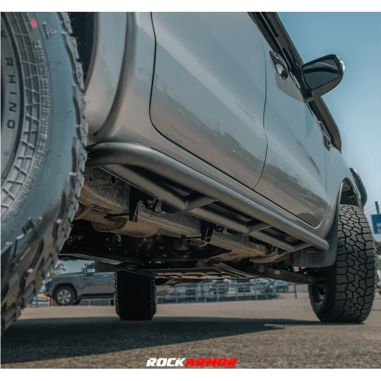 Rockarmor steel rockslider side steps made of black steel checker plate for ford ranger px dual cab 2012-2022 shown from side