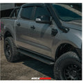 Gray pickup truck with rockarmor steel rockslider side steps in steel checker plate for ford ranger px1 px2 px3 dual cab