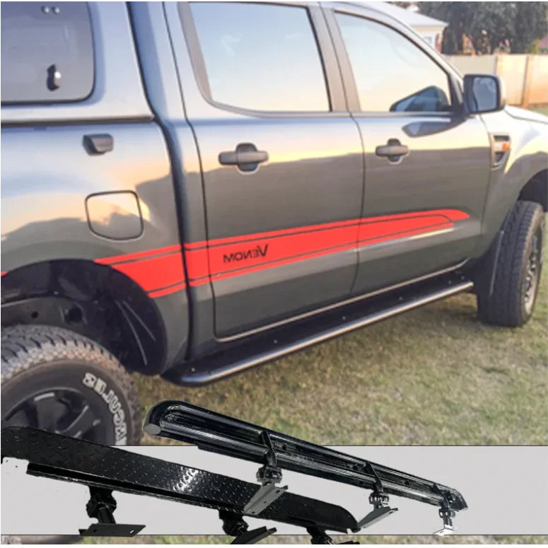 Gray pickup truck with red stripe featuring rockarmor steel rockslider side steps in steel checker plate for Ford Ranger PX series
